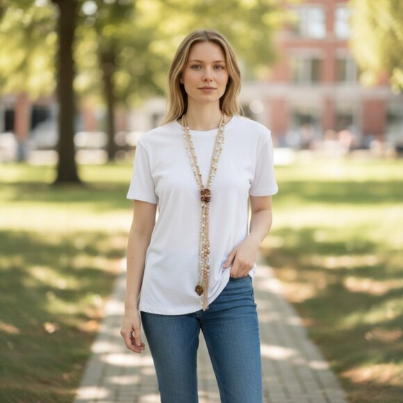 Beige Leather Wrap Howlite Stone Crystal Long Necklace Boho Tassel Gold Flower C